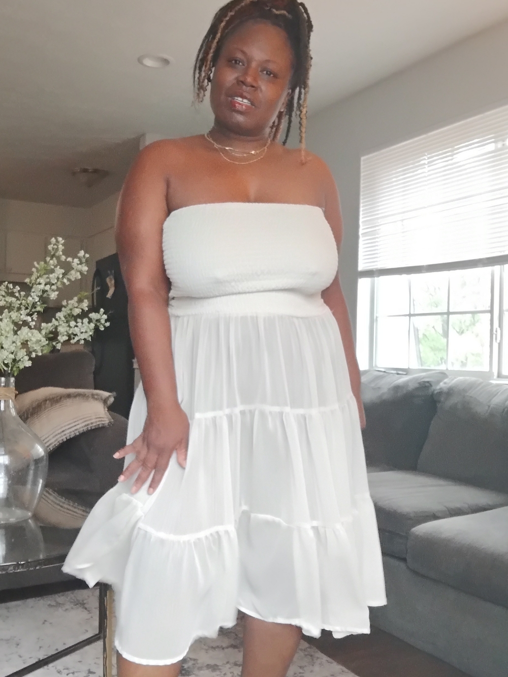 Strapless White Tiered Summer Dress - Women's